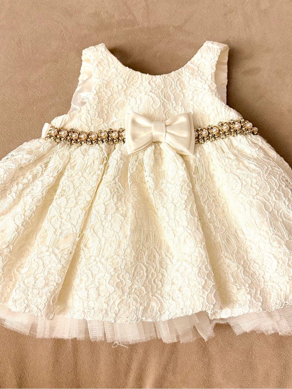 American Princess Ivory Lace Dress Jeweled Bow Holiday Baptism Christening-3 Mo